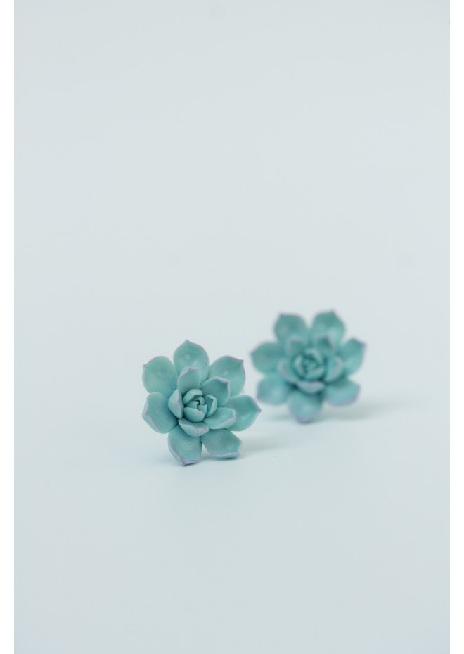 Blue Succulent Earrings – Handmade Polymer Clay Studs & Clip-ons