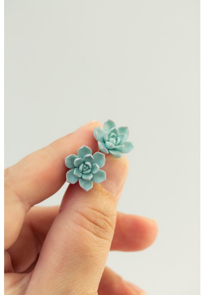 Handmade Blue Succulent Earrings – Studs or Clip-ons, Hypoallergenic Polymer Clay