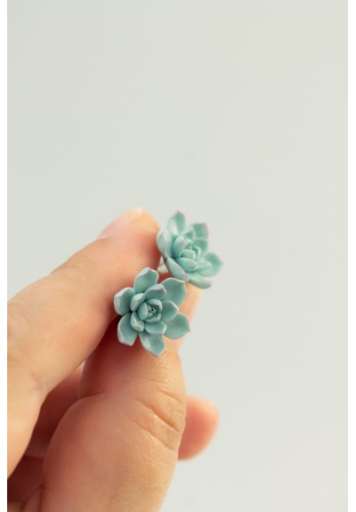 Handmade Blue Succulent Earrings – Studs or Clip-ons, Hypoallergenic Polymer Clay