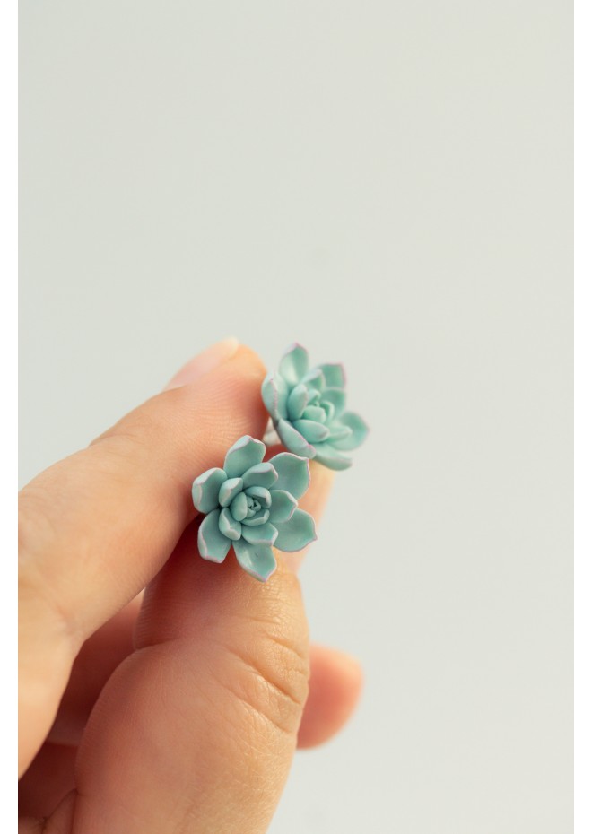 Blue Succulent Earrings – Handmade Polymer Clay Studs & Clip-ons