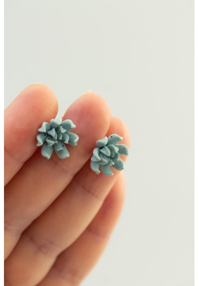 Handmade Blue Succulent Ear Cuffs for Pierced Ears – Hypoallergenic Stainless Steel Base – Polymer Clay Earrings with Matching Studs