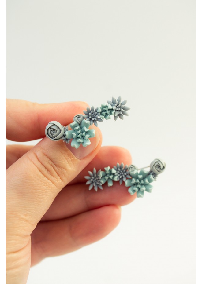 Handmade Blue Succulent Ear Cuffs for Pierced Ears