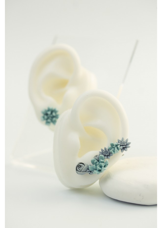 Handmade Blue Succulent Ear Cuffs for Pierced Ears