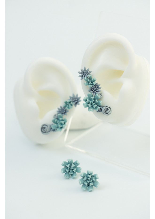 Handmade Blue Succulent Ear Cuffs for Pierced Ears