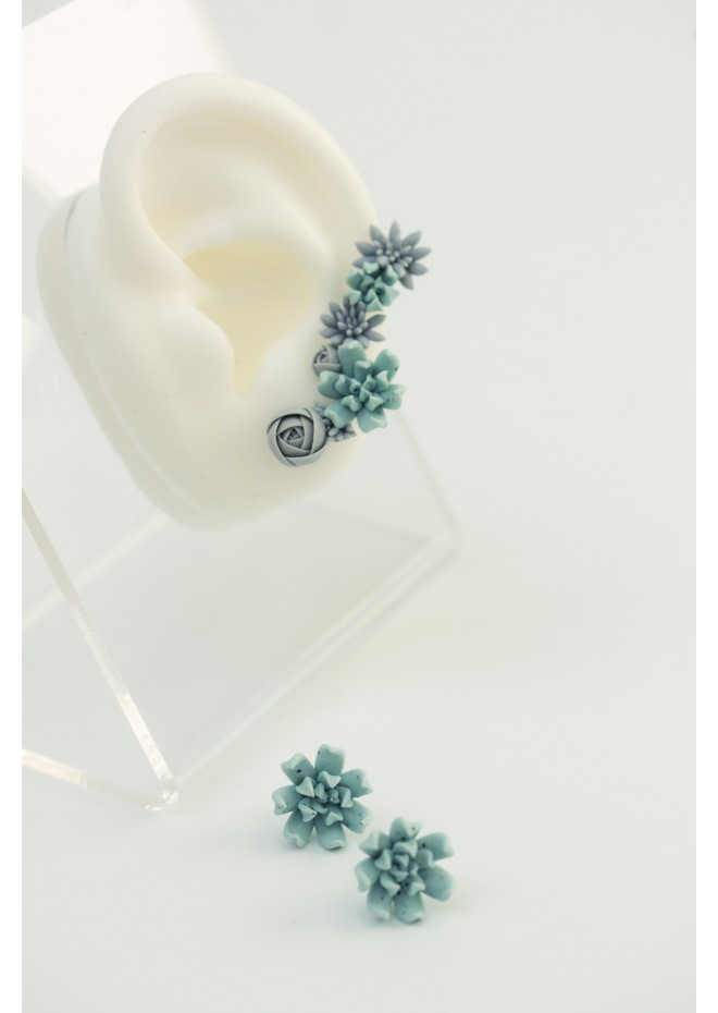 Handmade Blue Succulent Ear Cuffs for Pierced Ears