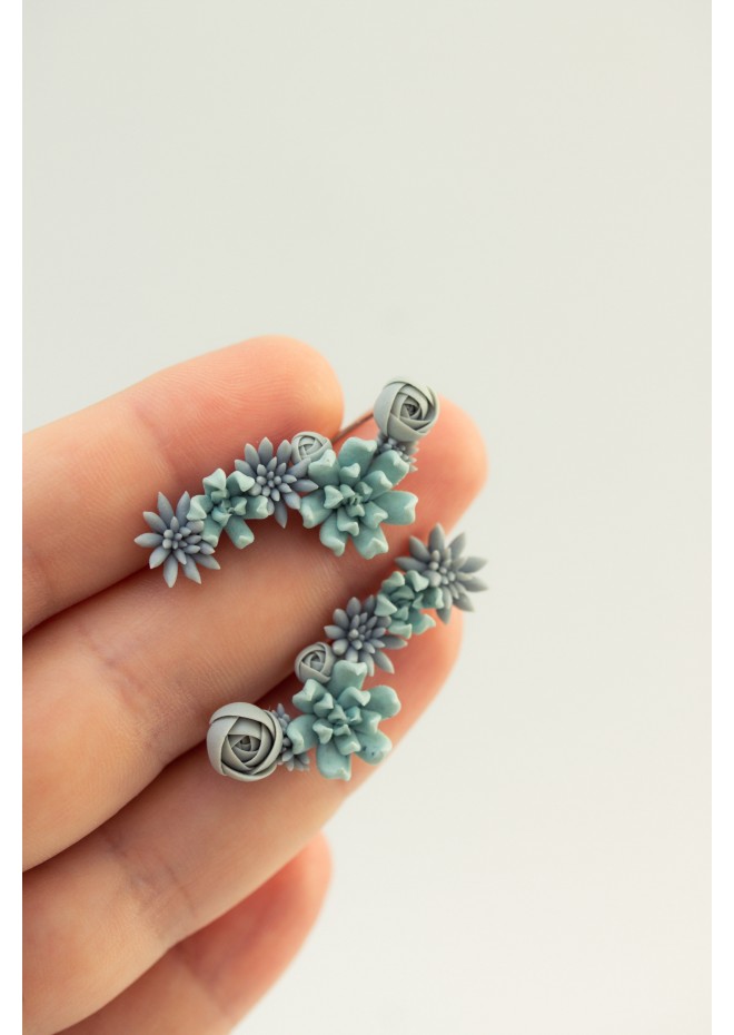 Handmade Blue Succulent Ear Cuffs for Pierced Ears