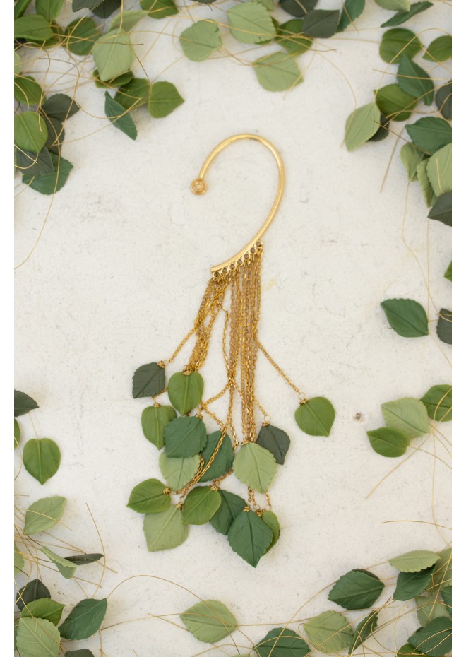 Handmade Green Gold Leaf Ear Cuff – Elegant & Lightweight