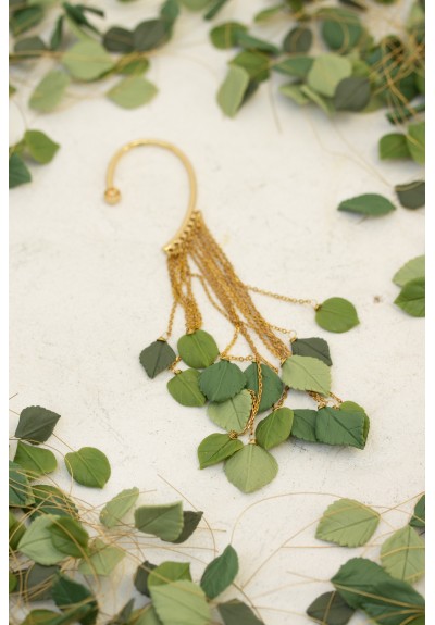 Green Gold Leaf Ear Cuff – Handmade Green Polymer Clay Leaves