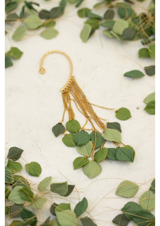 Handmade Green Gold Leaf Ear Cuff – Elegant & Lightweight