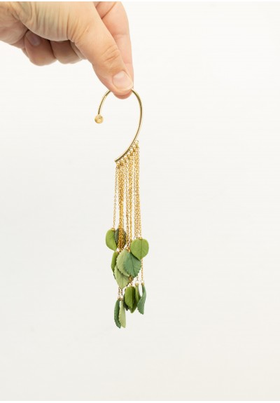 Green Gold Leaf Ear Cuff – Handmade Green Polymer Clay Leaves