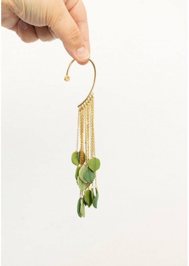 Handmade Green Gold Leaf Ear Cuff – Elegant & Lightweight