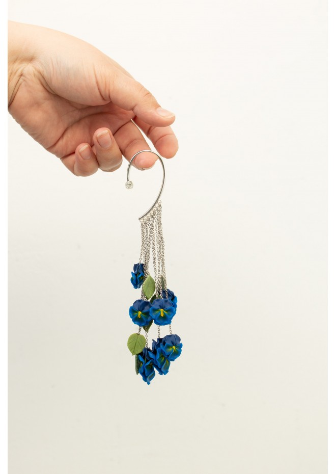 Handmade Blue and Yellow Blossom Pansy Ear Cuff – Elegant Floral Jewelry