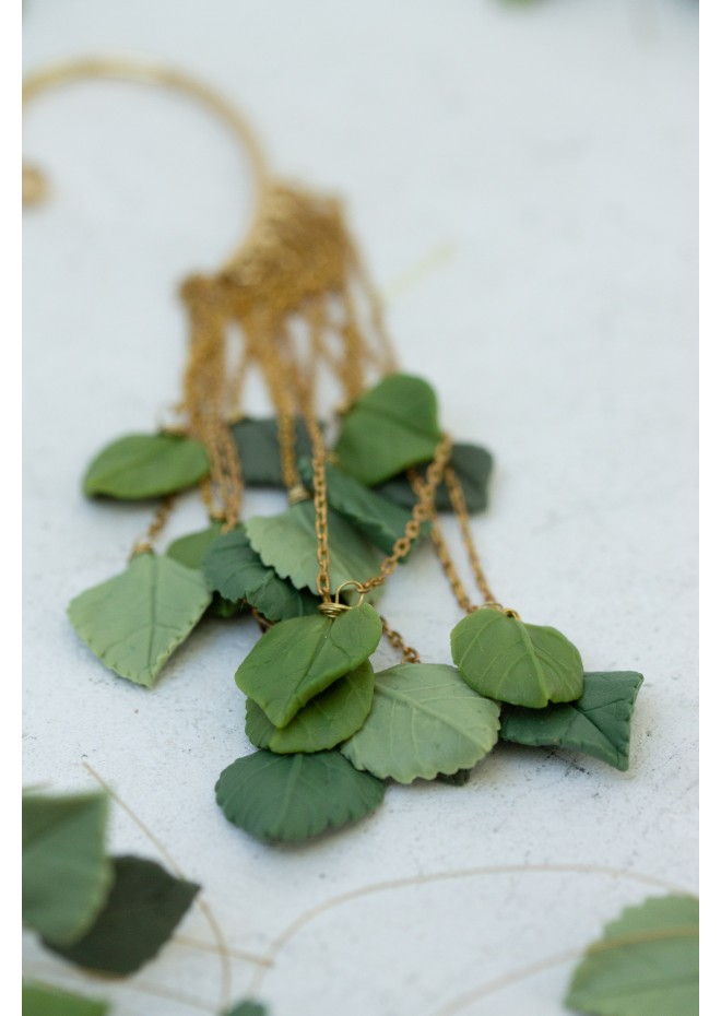 Handmade Green Gold Leaf Ear Cuff – Elegant & Lightweight