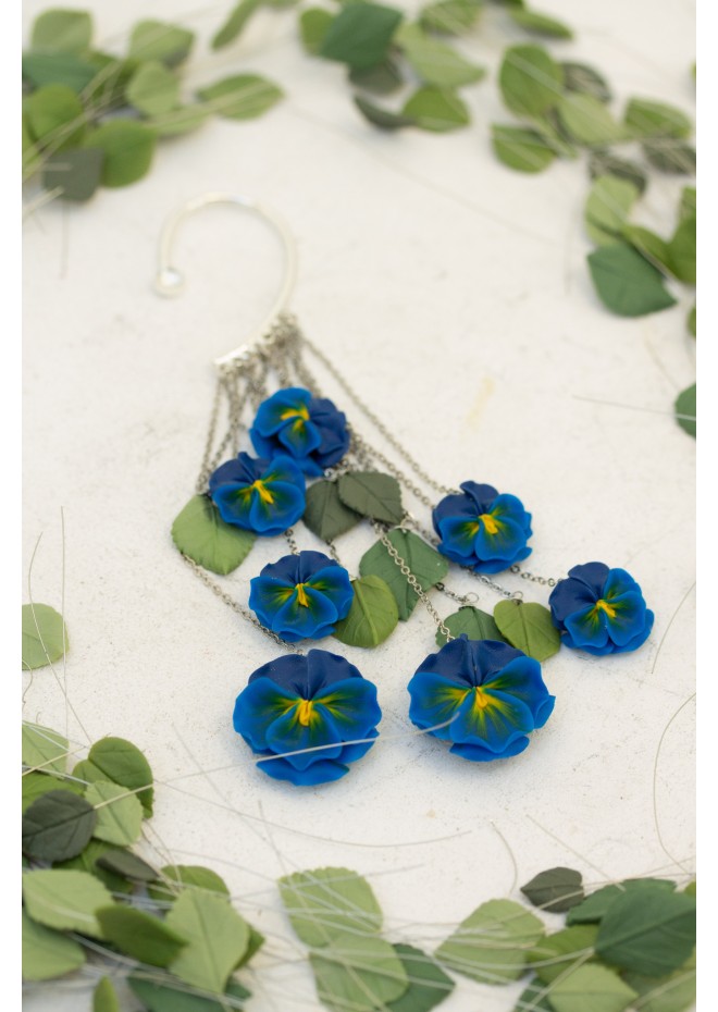 Handmade Blue and Yellow Blossom Pansy Ear Cuff – Elegant Floral Jewelry