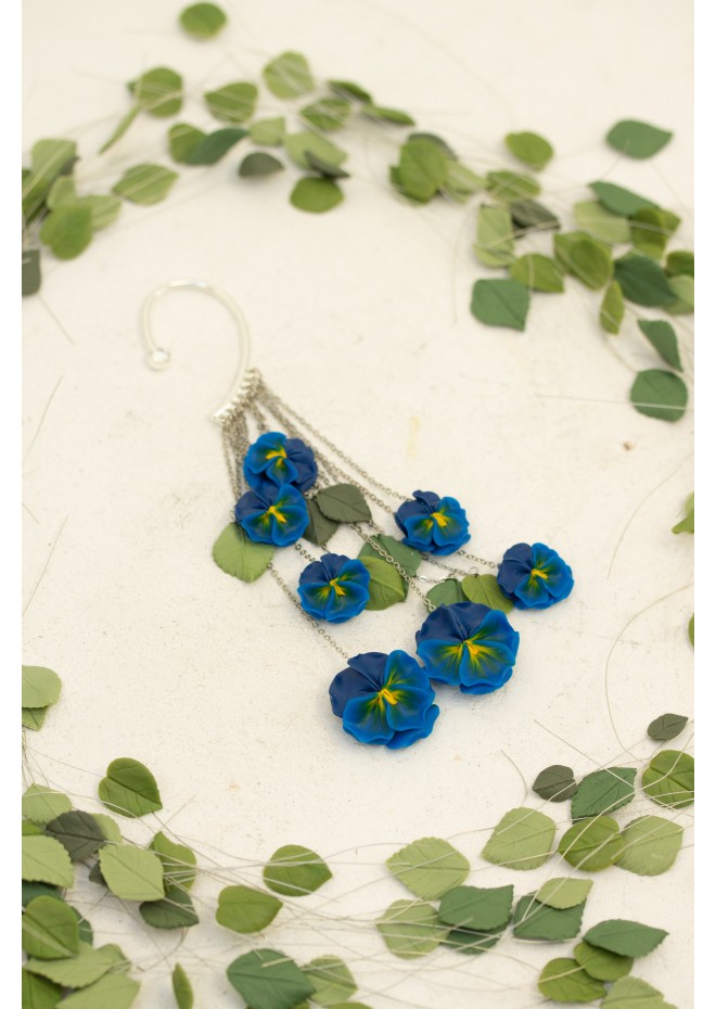 Handmade Blue and Yellow Blossom Pansy Ear Cuff – Elegant Floral Jewelry