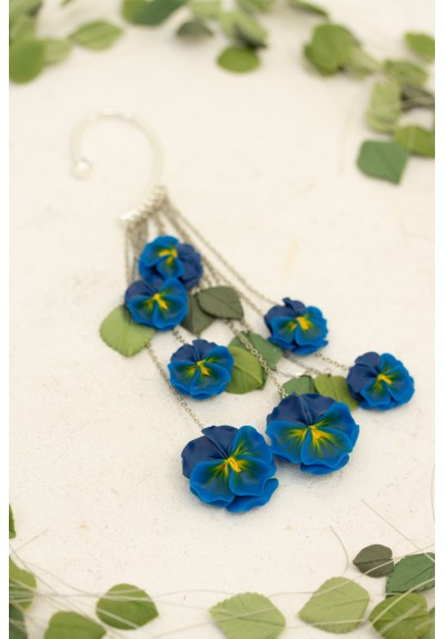 Blue and Yellow Blossom Pansy Ear Cuff – Handmade Polymer Clay Flowers