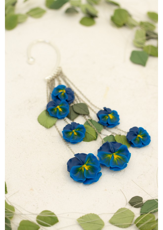 Handmade Blue and Yellow Blossom Pansy Ear Cuff – Elegant Floral Jewelry