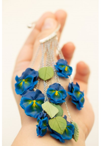 Blue and Yellow Blossom Pansy Ear Cuff – Handmade Polymer Clay Flowers