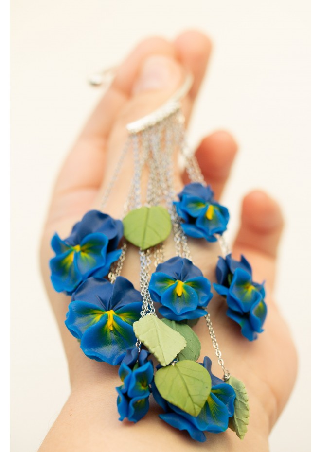 Handmade Blue and Yellow Blossom Pansy Ear Cuff – Elegant Floral Jewelry