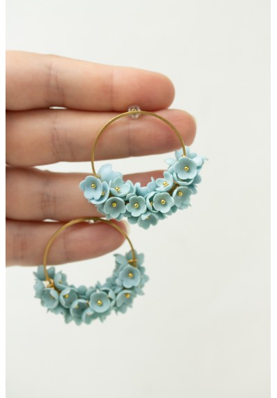Light Blue Floral Hoop Earrings – Handmade & Lightweight