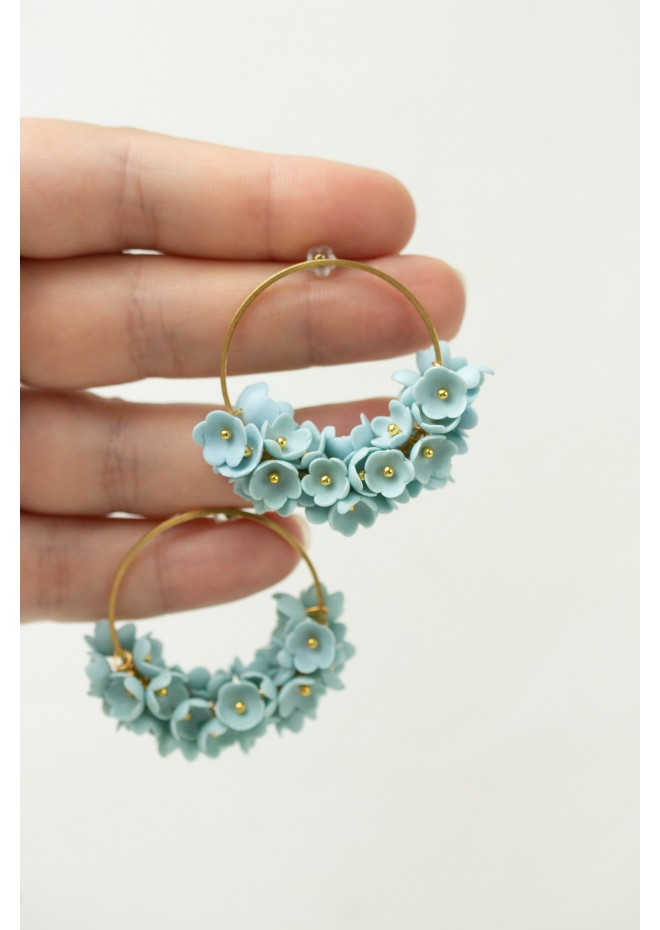 Handmade Light Blue Floral Hoop Earrings – Lightweight & Elegant