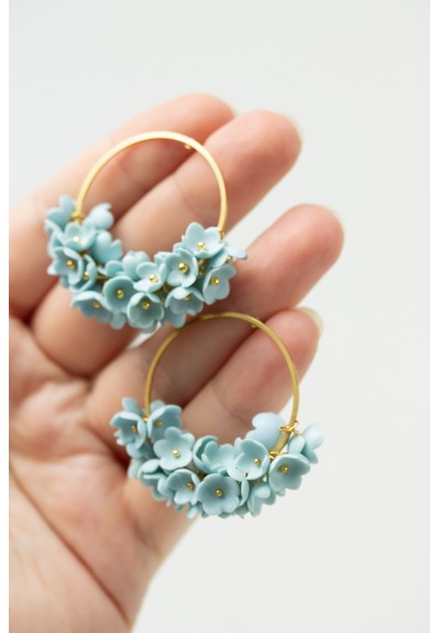 Light Blue Floral Hoop Earrings – Handmade & Lightweight