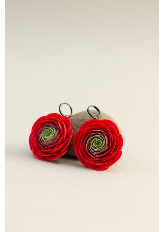 Handmade Red Ranunculus Earrings – Bold Floral Jewelry