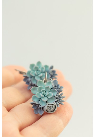 Handmade Dangling Succulent Bouquet Earrings – Blue Polymer Clay