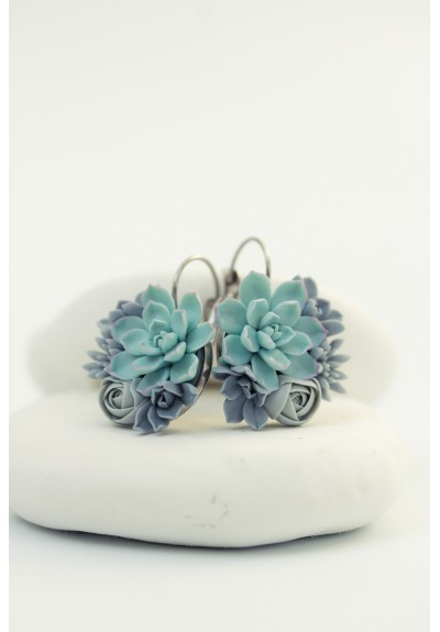 Handmade Dangling Succulent Bouquet Earrings – Blue Polymer Clay