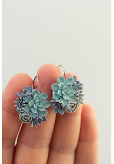 Handmade Dangling Succulent Bouquet Earrings – Blue Polymer Clay