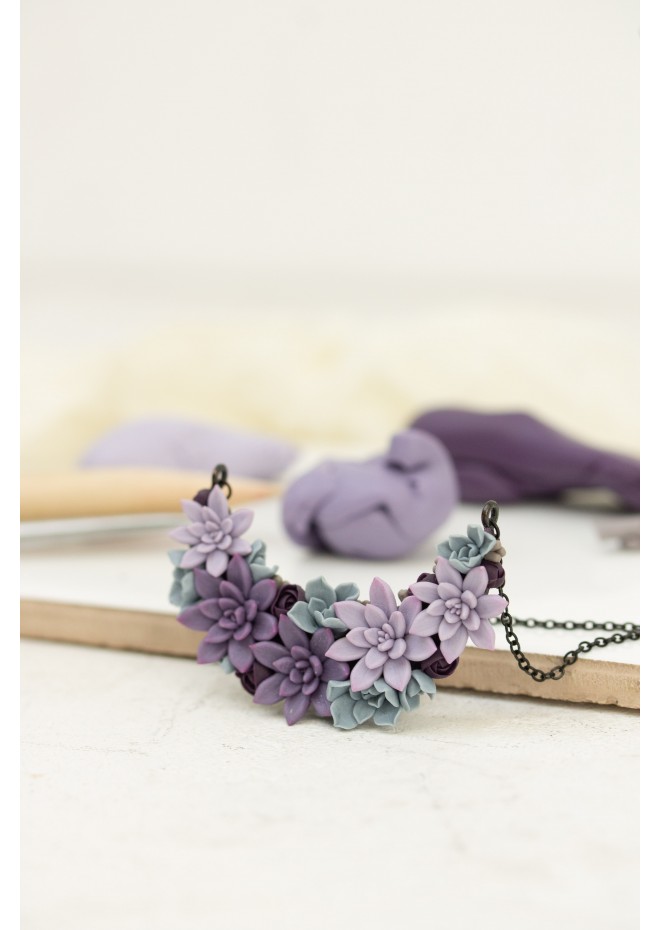 Handmade Purple Succulent Necklace – Unique Polymer Clay Jewelry