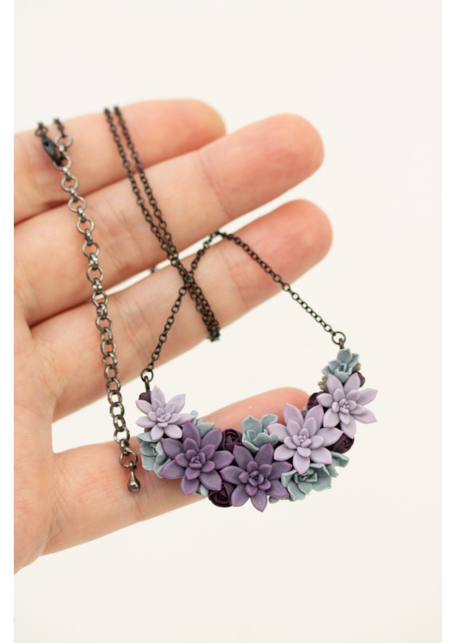 Handmade Purple Succulent Necklace – Unique Polymer Clay Jewelry