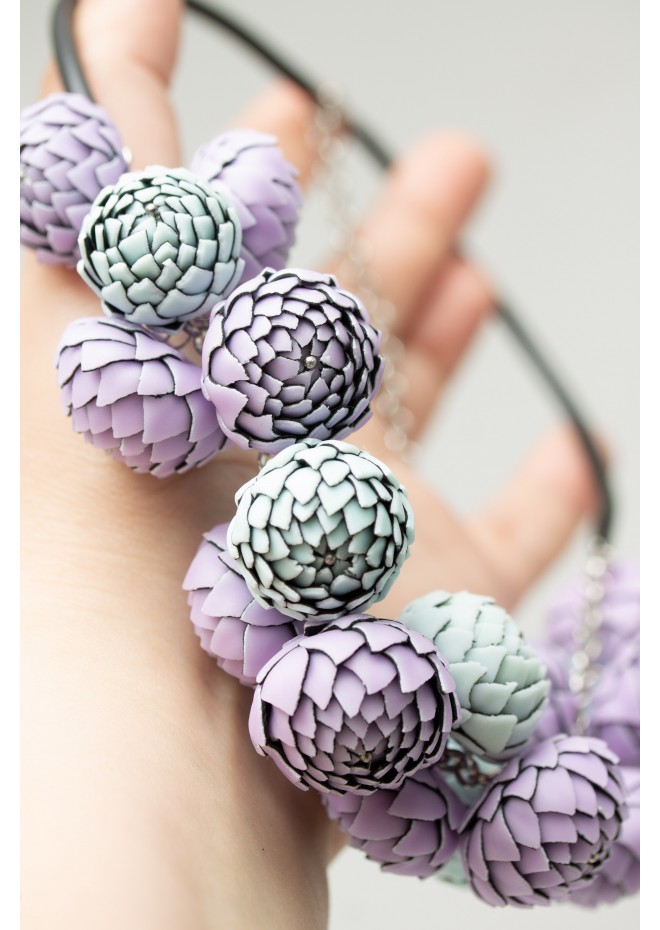 Lilac & Sky Blue Polymer Clay Statement Necklace – One-of-a-Kind