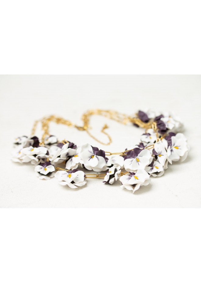 White & Violet Pansy Necklace – Handmade Statement Jewelry