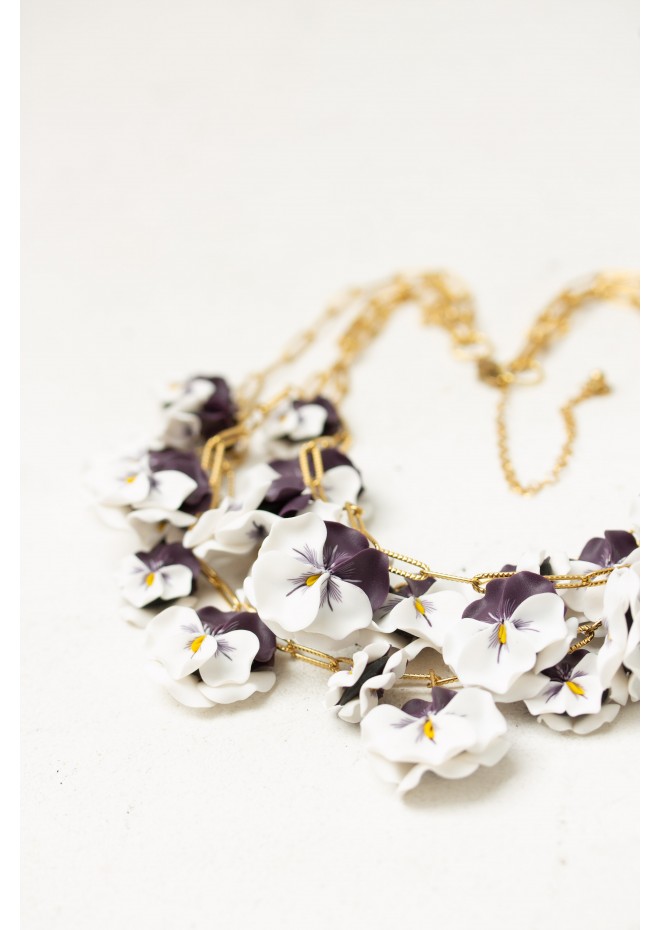 White & Violet Pansy Necklace – Handmade Statement Jewelry