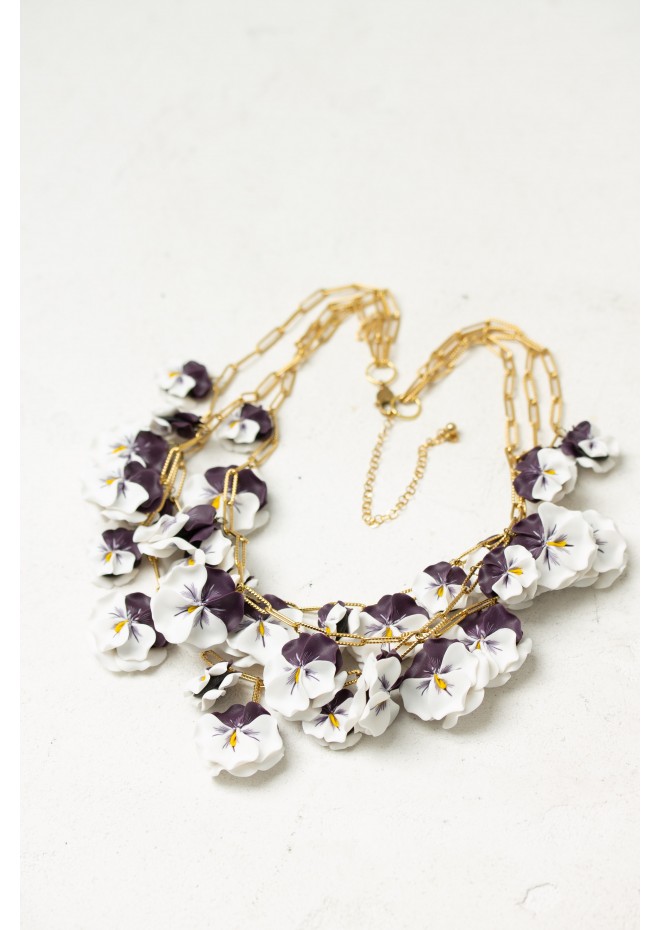White & Violet Pansy Necklace – Handmade Statement Jewelry