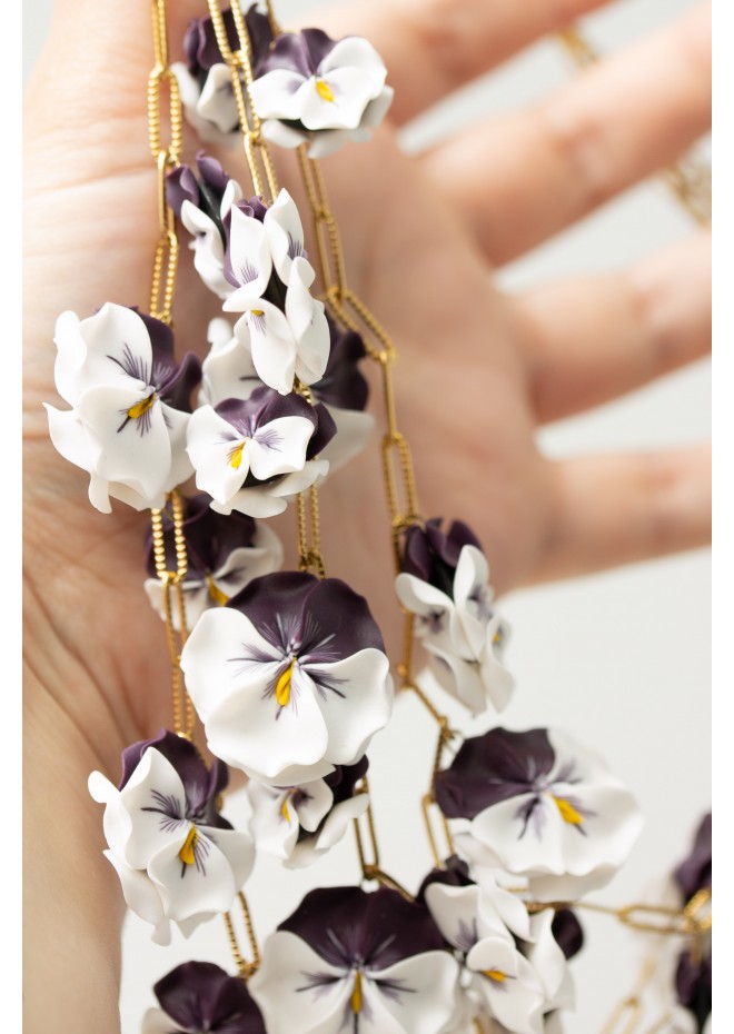 White & Violet Pansy Necklace – Handmade Statement Jewelry