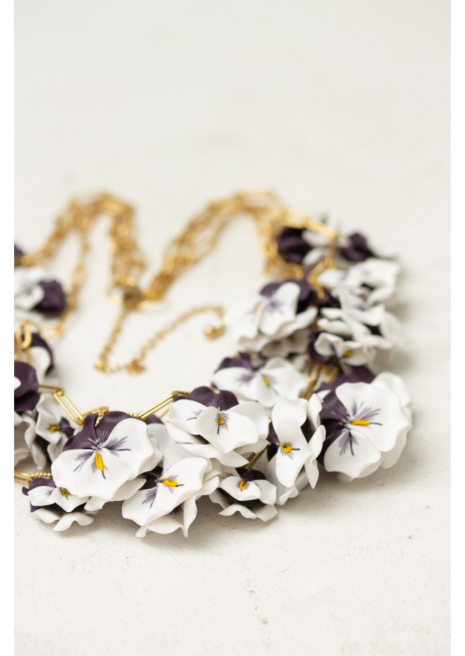 White & Violet Pansy Necklace – Handmade Statement Jewelry