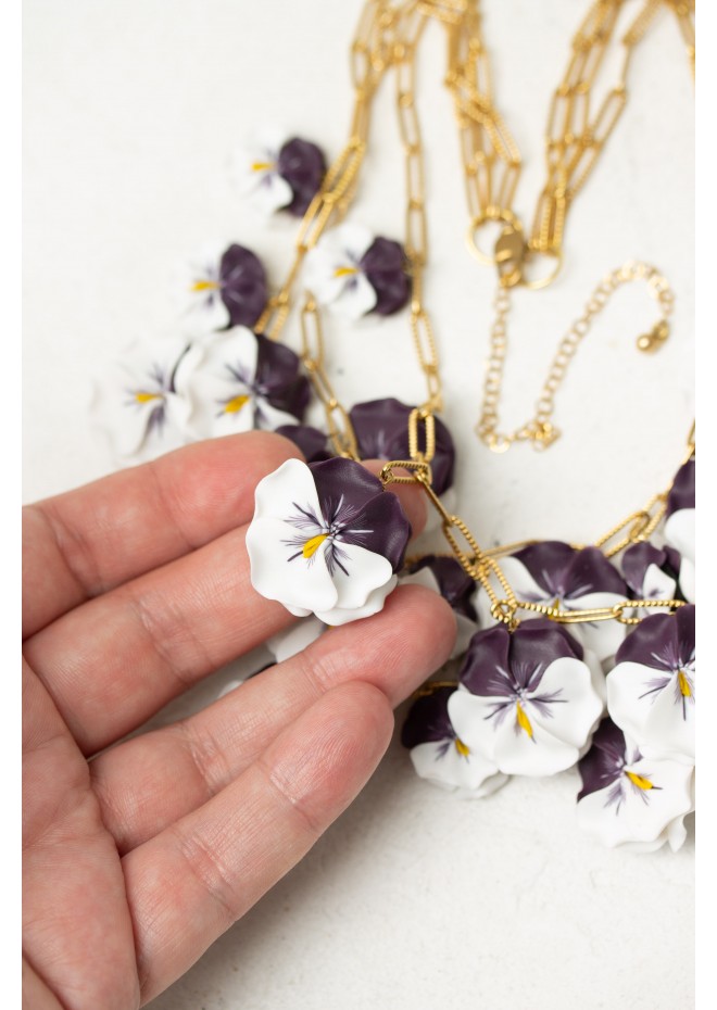 White & Violet Pansy Necklace – Handmade Statement Jewelry