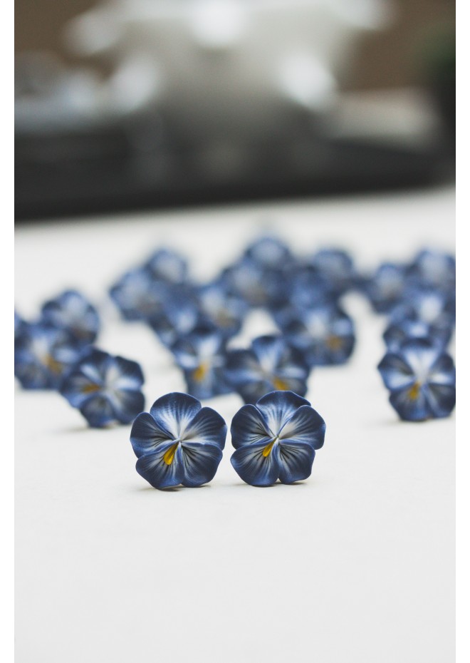 Steel Blue Pansy Flower Stud Earrings – Handmade & Hypoallergenic