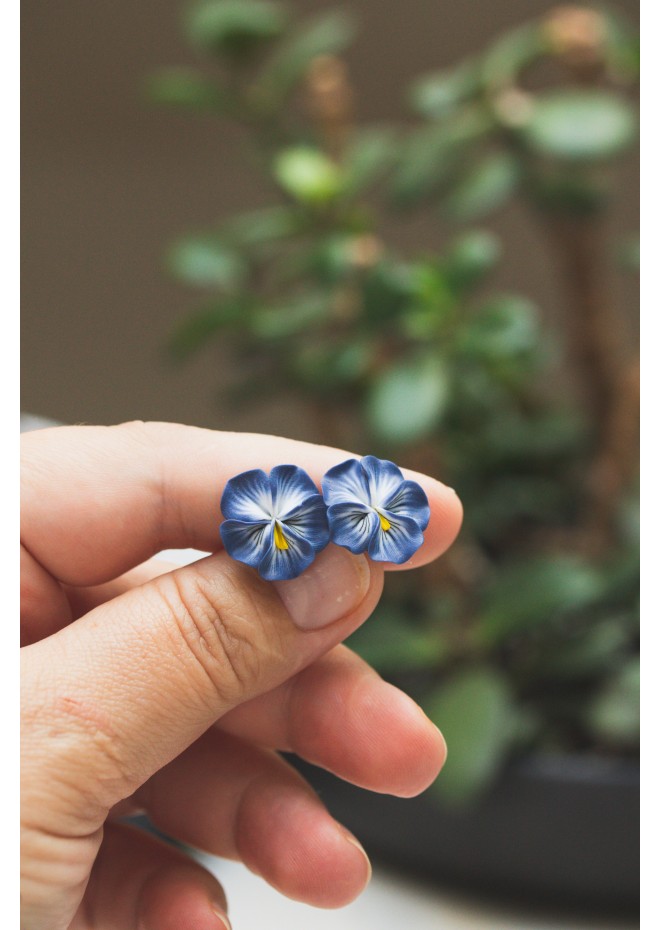Steel Blue Pansy Flower Stud Earrings – Handmade & Hypoallergenic