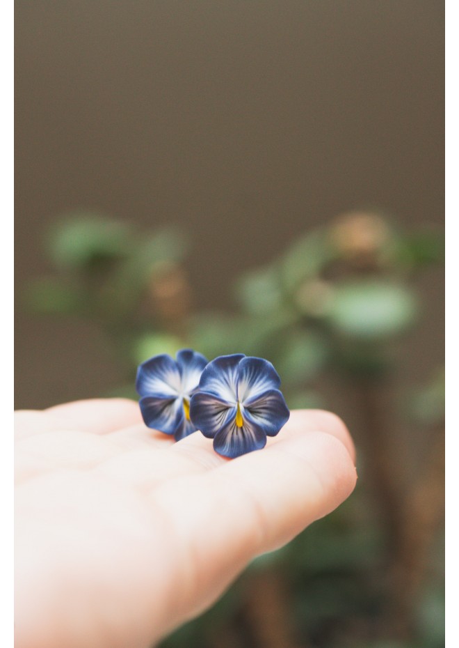Steel Blue Pansy Flower Stud Earrings – Handmade & Hypoallergenic