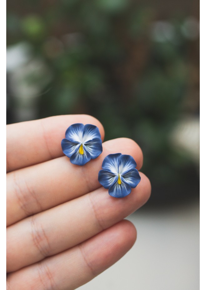 Steel Blue Pansy Flower Stud Earrings – Handmade & Hypoallergenic