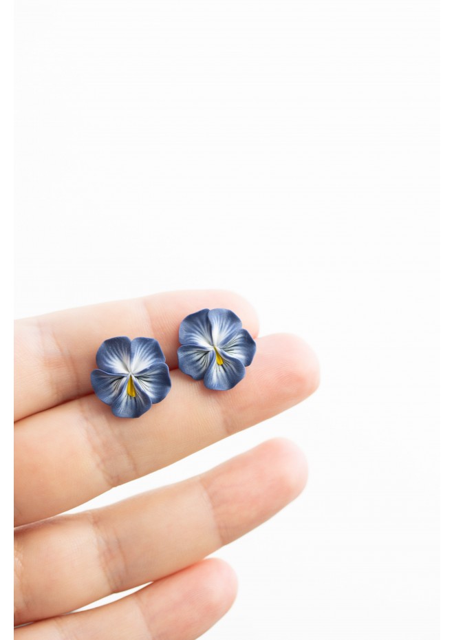 Steel Blue Pansy Flower Stud Earrings – Handmade & Hypoallergenic