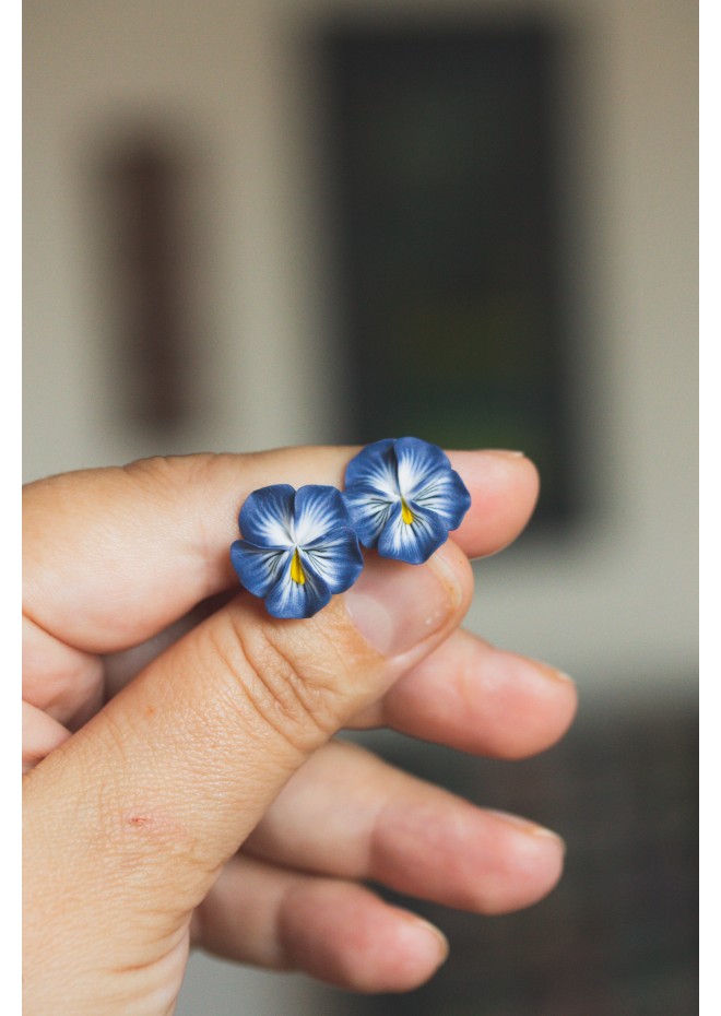 Steel Blue Pansy Flower Stud Earrings – Handmade & Hypoallergenic
