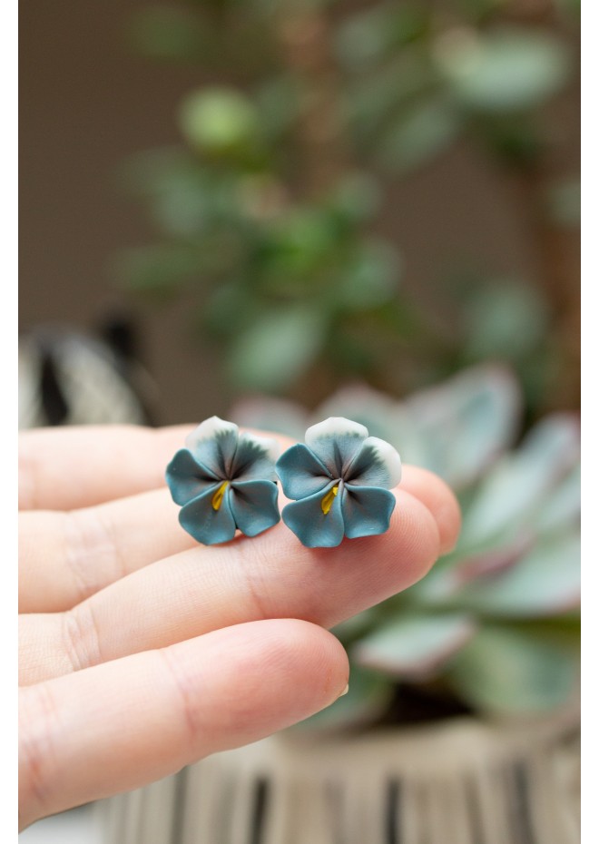 Blue-Gray Pansy Flower Earrings | Hypoallergenic Handmade Studs