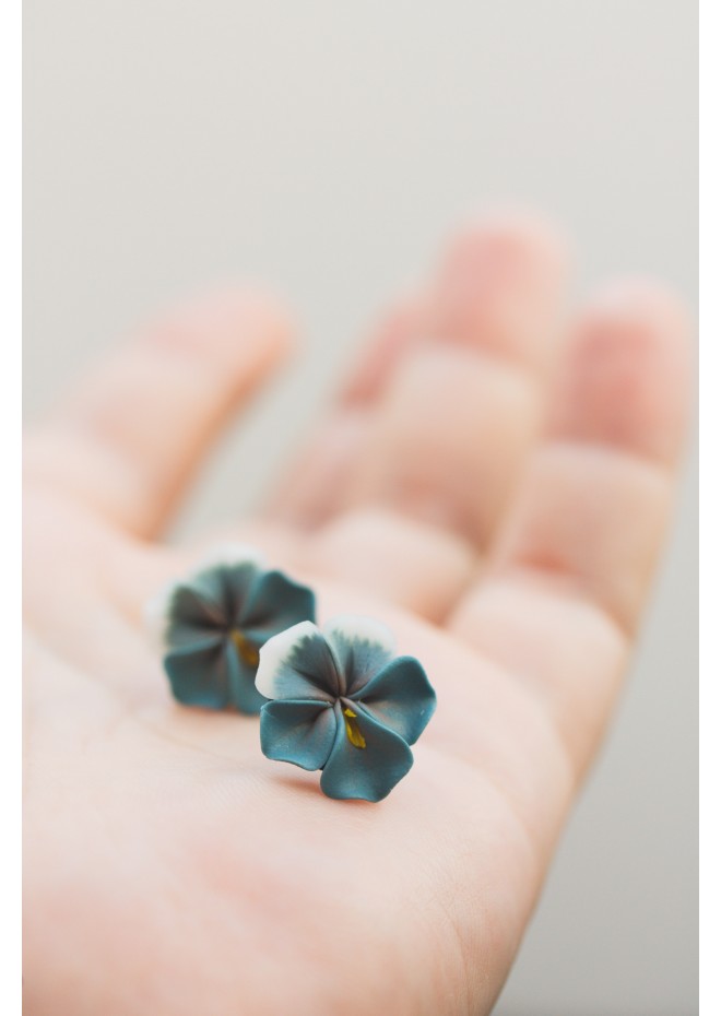 Blue-Gray Pansy Flower Earrings | Hypoallergenic Handmade Studs