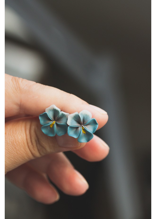 Blue-Gray Pansy Flower Earrings | Hypoallergenic Handmade Studs