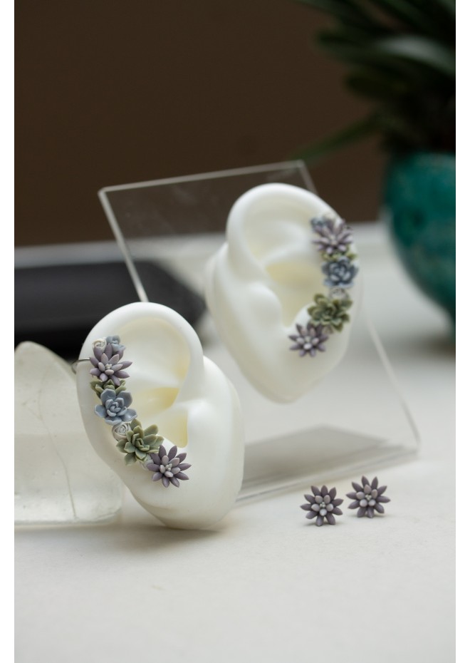 Versatile Succulent Ear Cuffs with Matching Studs – Hypoallergenic Jewelry Set