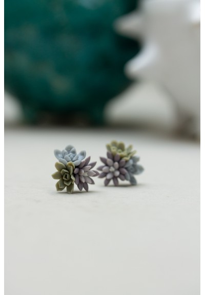 Handmade Succulent Bouquet Stud Earrings – Pastel Lilac, Blue & Green